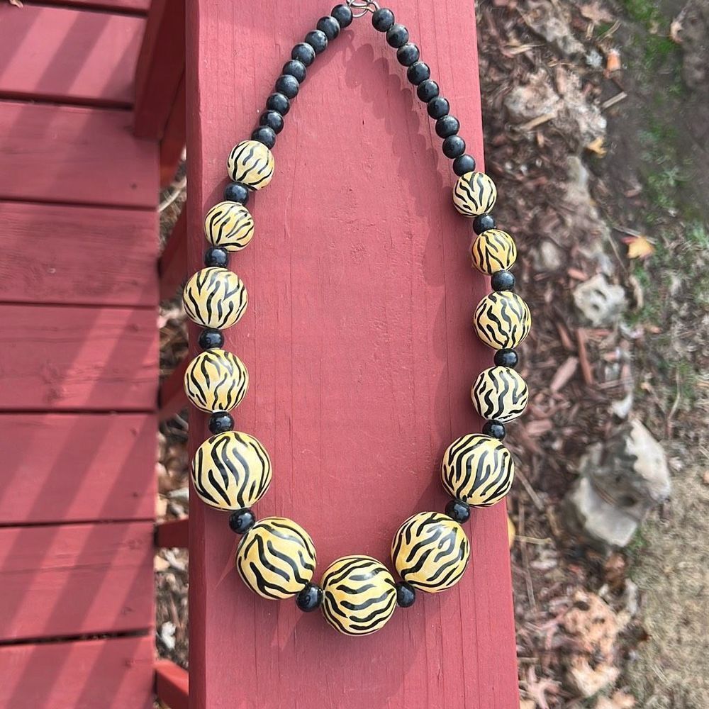 Boho Tiger Stripe Chunky Wood Beaded Statement Necklace